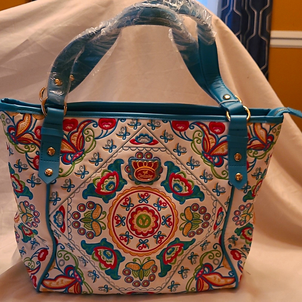 Fricaine Embroidered Satchel Handbag Tote Purse Multicolored Floral Mandala